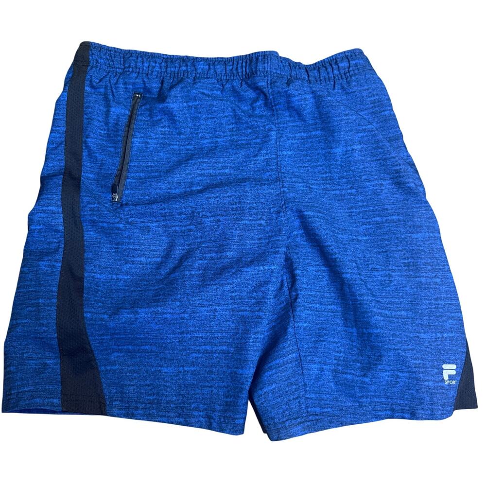 Fila Sport Heathered Blue Running Shorts, Black Contrast Zipper Pockets, Medium